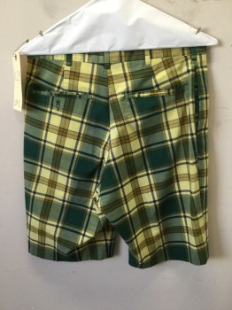 Mens, Shorts, LEVI'S, Dk Green, Navy Blue, Yellow, Lt Brown, Polyester, Plaid, 29, Flat Front, 4 Pockets,