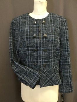 Womens, Blazer, TAHARI, Black, Blue, Lt Gray, Polyester, Acrylic, Plaid, B36, 10P, Crew Neck, Front with Hook and Eye Closure And 8 Button Detail at Front, 2 Faux Pocket Flaps, Peplum Lower