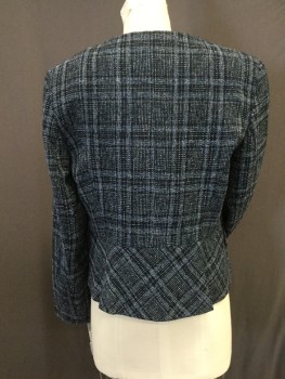 Womens, Blazer, TAHARI, Black, Blue, Lt Gray, Polyester, Acrylic, Plaid, B36, 10P, Crew Neck, Front with Hook and Eye Closure And 8 Button Detail at Front, 2 Faux Pocket Flaps, Peplum Lower
