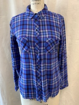 C&C , Blue, Purple, Black, White, Cotton, Herringbone, Glen Plaid, Collar Attached, Button Front, Snap Front, 2 Pockets, Long Sleeves, Button on Sleeves for Shortening