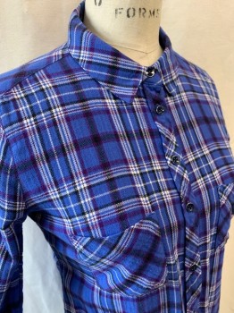 C&C , Blue, Purple, Black, White, Cotton, Herringbone, Glen Plaid, Collar Attached, Button Front, Snap Front, 2 Pockets, Long Sleeves, Button on Sleeves for Shortening