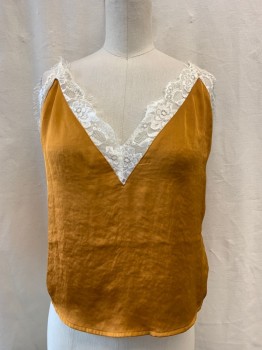URBAN OUTFITTERS, Goldenrod Yellow, Polyester, Nylon, Solid, Pullover, V-neck with White Lace Trim, Sleeveless, Adjustable Spaghetti Straps