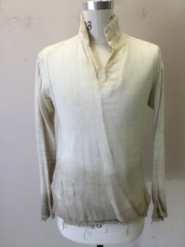 N/L, Cream, Beige, Cotton, Solid, Ombre, Long Sleeves, Pullover, Aged/Distressed,  Frayed Cuffs & Hem, Sweat Stains, Pit Stains, Cream Ombre Into Dirty Beige at Hem, V-neck, Stand Collar, Cotton Gauze