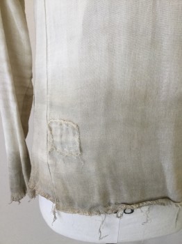Mens, Historical Fiction Shirt, N/L, Cream, Beige, Cotton, Solid, Ombre, C 36, S, Long Sleeves, Pullover, Aged/Distressed,  Frayed Cuffs & Hem, Sweat Stains, Pit Stains, Cream Ombre Into Dirty Beige at Hem, V-neck, Stand Collar, Cotton Gauze