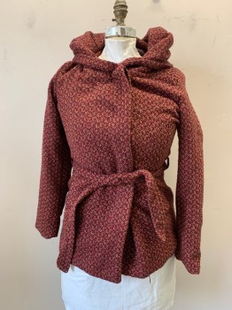 Womens, Coat, MOSSIMO, Red Burgundy, Sand, Red, Polyester, Wool, Tweed, XL, with Matching Belt, Attached Hood, Single Breasted, Button Front, Hidden Buttons, 2 Pockets,