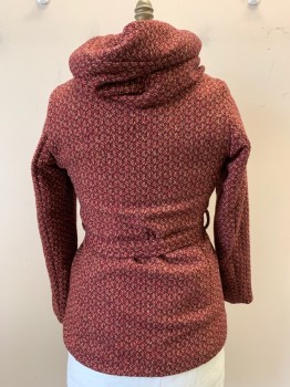 MOSSIMO, Red Burgundy, Sand, Red, Polyester, Wool, Tweed, with Matching Belt, Attached Hood, Single Breasted, Button Front, Hidden Buttons, 2 Pockets,