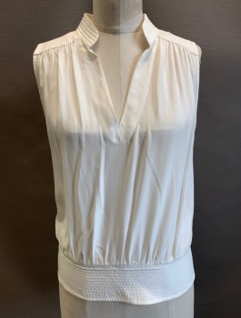 Womens, Blouse, FRAME, Off White, Silk, Solid, S, Sleeveless, Stitched Band Collar with V-Neck, 3" Wide Stitched Waistband, Elastic Smocking at Back Waist/Hem, Pullover