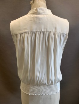 Womens, Blouse, FRAME, Off White, Silk, Solid, S, Sleeveless, Stitched Band Collar with V-Neck, 3" Wide Stitched Waistband, Elastic Smocking at Back Waist/Hem, Pullover