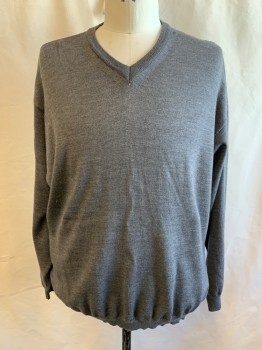 Mens, Pullover Sweater, TOSCANO, Heather Gray, Wool, 2XL, Ribbed Knit V-neck, Ribbed Knit Waistband/Cuff
