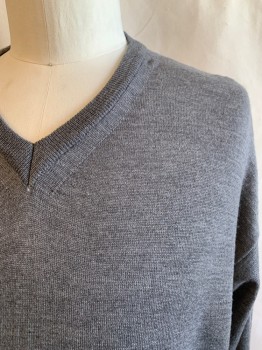 Mens, Pullover Sweater, TOSCANO, Heather Gray, Wool, 2XL, Ribbed Knit V-neck, Ribbed Knit Waistband/Cuff