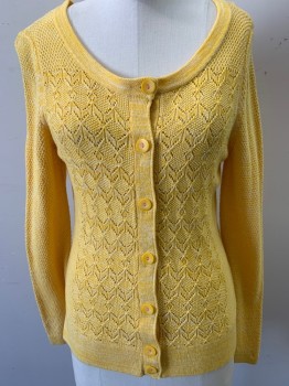 Womens, Cardigan Sweater, SPARROW, Yellow, White, Cotton, Wool, Heathered, M, Lace Knit Front & Back with Textured Knit Sleeves, Semi-scoop Neck