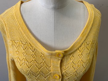 Womens, Sweater, SPARROW, Yellow, White, Cotton, Wool, Heathered, M, Lace Knit Front & Back with Textured Knit Sleeves, Semi-scoop Neck