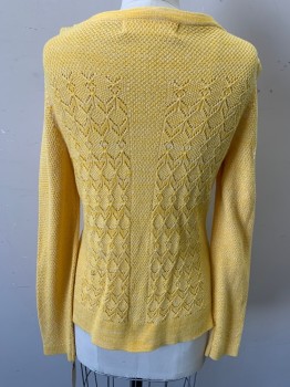 Womens, Cardigan Sweater, SPARROW, Yellow, White, Cotton, Wool, Heathered, M, Lace Knit Front & Back with Textured Knit Sleeves, Semi-scoop Neck