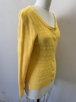 SPARROW, Yellow, White, Cotton, Wool, Heathered, Lace Knit Front & Back with Textured Knit Sleeves, Semi-scoop Neck