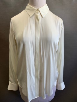 Womens, Blouse, THEORY, Cream, Silk, Spandex, Solid, M, Charmeuse, Long Sleeves, Button Front, Collar Attached