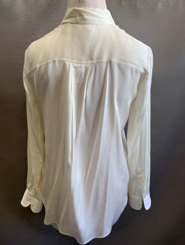 Womens, Blouse, THEORY, Cream, Silk, Spandex, Solid, M, Charmeuse, Long Sleeves, Button Front, Collar Attached
