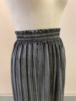 SCALA, Silver Metallic, Polyester, Solid, Elastic Waist Band, Pleated, Mid Calf Length, Unfinished Hem With Orange Overlock Stitches