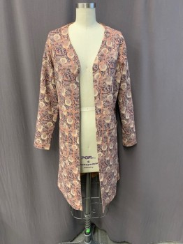 Womens, Blazer, SOLITAIRE, Khaki Brown, Charcoal Gray, Gray, Clay Orange, Polyester, Floral, S, Open Front, 2 Patch Pockets, Long-Line
