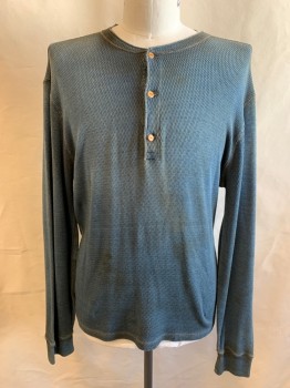 Mens, Historical Fiction Shirt, N/L, Slate Blue, Cotton, Solid, C:42", L, Henley, Waffle Knit, Aged/Dirty, L/S, Round Neck with 3 Button Placket, Multiples