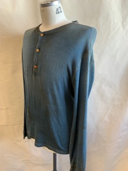 N/L, Slate Blue, Cotton, Solid, Henley, Waffle Knit, Aged/Dirty, L/S, Round Neck with 3 Button Placket, Multiples