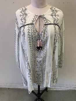 ZARA, White, Black, Baby Pink, Cotton, Abstract , Gauze, L/S, Keyhole, Braided Tassels, Pleated Front, Braided Stitching, Elastic Sleeves