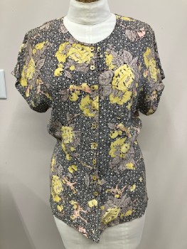 MONDI, Black, White, Yellow, Beige, Rayon, Floral, CN, B.F., S/S,