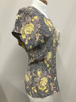 MONDI, Black, White, Yellow, Beige, Rayon, Floral, CN, B.F., S/S,