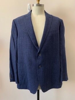 Mens, Sportcoat/Blazer, JOSEPH ABBOUD, Denim Blue, Linen, Wool, Solid, 52L, Single Breasted, 2 Bttns, Peaked Lapel, 3 Pckts, Elbow Patches Of The Same Fabric