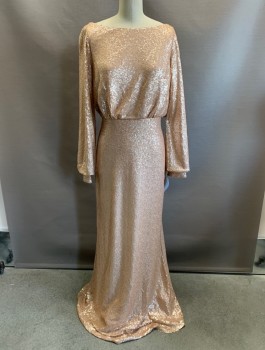 Womens, Evening Gown, TADASHI SHOJI, Ballet Pink, Polyester, Spandex, Solid, S, Boat Neck, L/S, Elastic Waistband, Pleated V-back with Lace Inset, Sequins All Around, Beige Lining