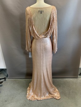 Womens, Evening Gown, TADASHI SHOJI, Ballet Pink, Polyester, Spandex, Solid, S, Boat Neck, L/S, Elastic Waistband, Pleated V-back with Lace Inset, Sequins All Around, Beige Lining