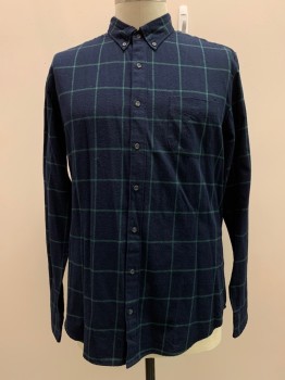Mens, Casual Shirt, J CREW, Navy Blue, Green, Wool, Grid , XL, L/S, Button Front, Collar Attached, Chest Pocket