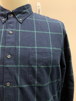 Mens, Casual Shirt, J CREW, Navy Blue, Green, Wool, Grid , XL, L/S, Button Front, Collar Attached, Chest Pocket
