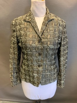 Womens, Blazer, JONES NEW YORK, Gold Metallic, Baby Blue, Khaki Brown, Acetate, Wool, Tweed, Houndstooth, 8, C.A., Single Breasted, Button Front