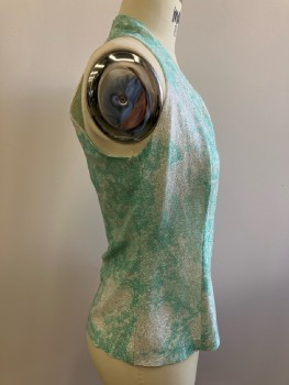 KORET OF CALIFORNIA, Turquoise Blue, Silver, Abstract , V-N, Sleeveless, Back Zip, Metallic Shimmer