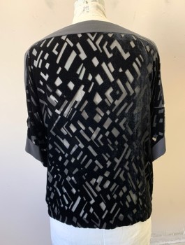 N/L, Black, Rayon, Silk, Geometric, Burnout Velvet with Angled Rectangles Pattern, Wide Short Sleeves with Cutout Along Shoulder Seam, Crepe Edging at Neck and Sleeves, Bateau/Boat Neck, Pullover