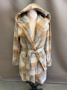 A NEW DAY, Khaki Brown, Camel Brown, Gray, Wool, Plaid, With Belt, Hooded, 2 Pockets,