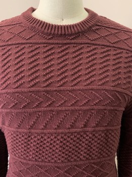 Mens, Pullover Sweater, J CREW, Red Burgundy, Cotton, Textured Fabric, M, L/S, Crew Neck,