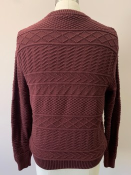 Mens, Pullover Sweater, J CREW, Red Burgundy, Cotton, Textured Fabric, M, L/S, Crew Neck,
