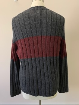 Mens, Pullover Sweater, EASTSIDE WESTSIDE, Charcoal Gray, Red Burgundy, Acrylic, Wool, Color Blocking, L, L/S, Crew Neck,