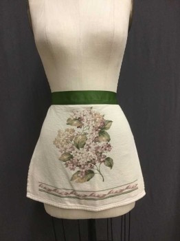 Cream, Olive Green, Wine Red, Cotton, Polyester, Floral Motif Print Front In Light Wine & Olive On Cream Background, Dark Olive Grosgrain Ribbon Waist