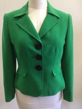 Womens, Blazer, TAHARI, Kelly Green, Polyester, Solid, 8, Single Breasted, 3 Large Black Buttons, Lapel Under Collar, Waist Seam, 2 Pockets