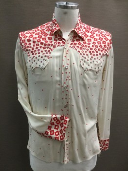 Mens, Western, YVES SAINT LAURENT, Cream, Red, Viscose, Rhinestones, Novelty Pattern, 34, 15.5, with Rhinestones in Diamonds on Western Yoke, Snap Front, Yoke Becomes Snap Flap on 2 Pockets, Rhinestones on Cuffs, L/S, C.A., Thread Pulls Throughout
