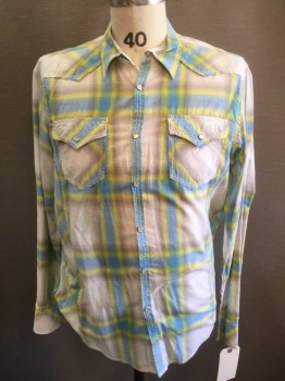 INC, Gray, Yellow, Lt Blue, White, Cotton, Plaid, White Snap Front, 2 Flap Pockets, Long Sleeves, Western Yoke, Collar Attached