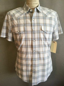 Mens, Western, ROEBUCK & CO, Lt Blue, Lt Gray, Tan Brown, White, Cotton, Plaid, Large, Short Sleeve,  Collar Attached, Snap Button Front Closure, Western, Double