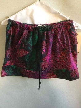 Womens, Skirt, Mini, HOT & DELICIOUS, Black, Pink, Red, Gray, Polyester, Reptile/Snakeskin, S, Black W/red, Pink, Green Snake Print, Elastic & Black Cord D-String Waist, 2 Wedge Pockets Front, See Photo Attached,