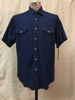 Mens, Western, WRANGLER, Denim Blue, Cotton, Solid, L, Blue Chambray, Snap Front, Collar Attached, Short Sleeves, 2 Flap Pockets