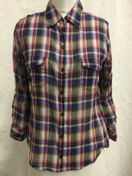 BDG, Plum Purple, Magenta Pink, Mustard Yellow, Purple, Cotton, Plaid, Sheer, Button Front, Collar Attached,  Long Sleeves, 2 Flap Pockets