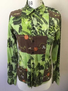 CUSTO, Lime Green, Espresso Brown, Brown, Orange, Cotton, Patchwork, Novelty Pattern, Patchwork Panels of  Lime with Espresso Asian Landscape Pattern, and Brown with Multicolor Floral Pattern, Long Sleeve Button Front, Collar Attached, 1990's
