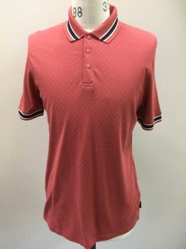 TED BAKER, Terracotta Brown, Off White, Black, Cotton, Modal, Dots, Stripes - Horizontal , Reddish-terracotta W/off White Dots, Black & Off White Horizontal Stripes on Collar Attached & Short Sleeves Cuffs, 3 Snap Front