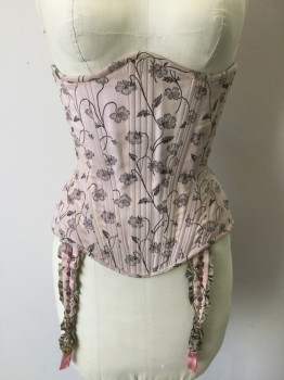 MTO, Baby Pink, Lavender Purple, Black, Cotton, Floral, Made To Order, Corset with Removable Garters, Lace Up Center Back,